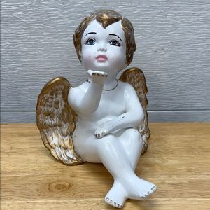 Vintage Ceramic Angel Figurine with Gold Wings